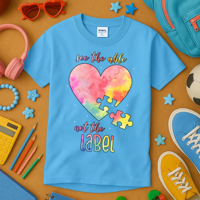 See The Able Not The Label Colorful Autism Puzzle Heart Kids T-Shirt