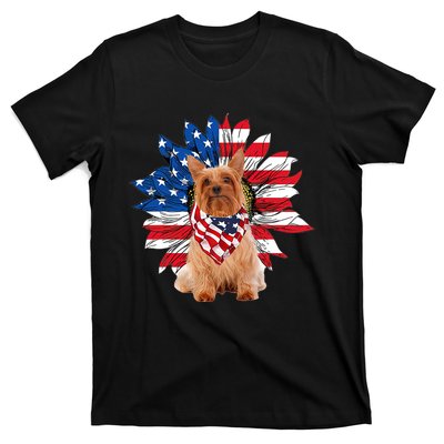 Silky Terrier American Flag Sunflower Dog Lovers 4th Of July T-Shirt