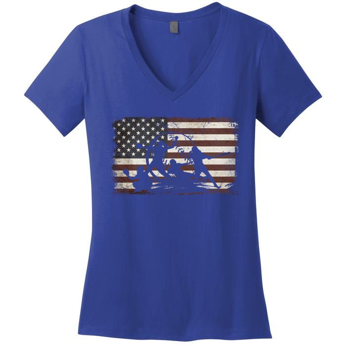 Softball Team American Flag Thanksgiving Christmas Funny Gift Women's V-Neck T-Shirt