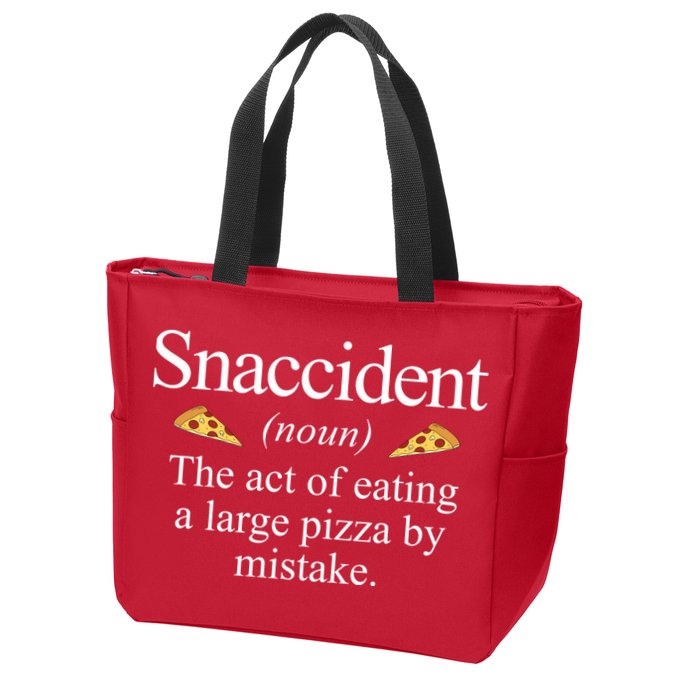 Snaccident The Act Of Eating A Large Pizza By Mistake Zip Tote Bag