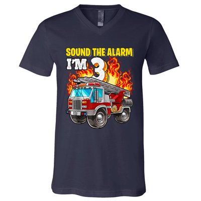 Sound The Alarm Im 3 3rd Birthday Fireman Firetruck Boy V-Neck T-Shirt