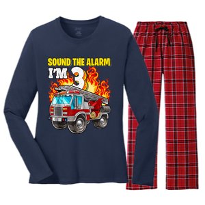 Sound The Alarm Im 3 3rd Birthday Fireman Firetruck Boy Women's Long Sleeve Flannel Pajama Set 