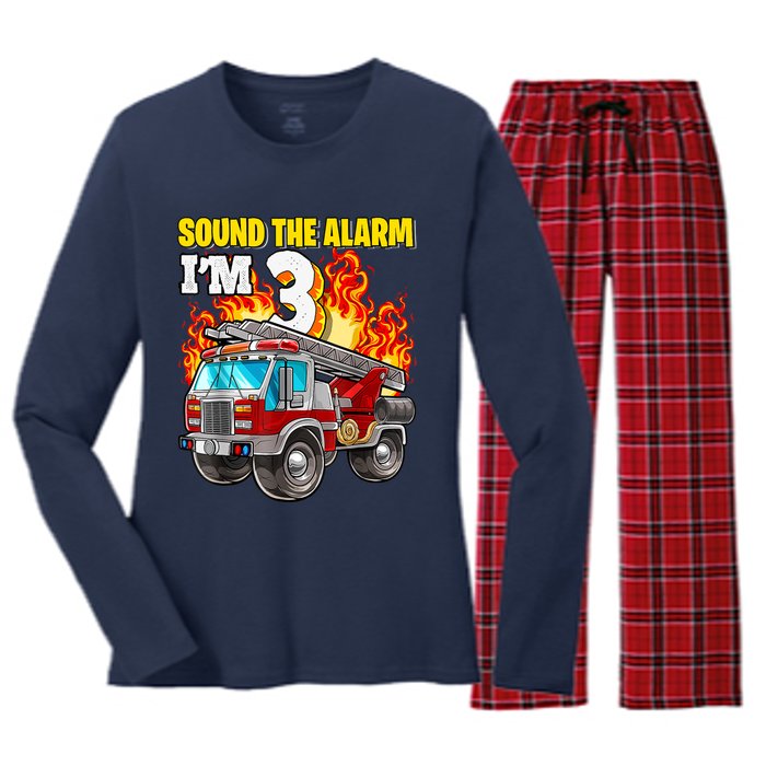 Sound The Alarm Im 3 3rd Birthday Fireman Firetruck Boy Women's Long Sleeve Flannel Pajama Set 