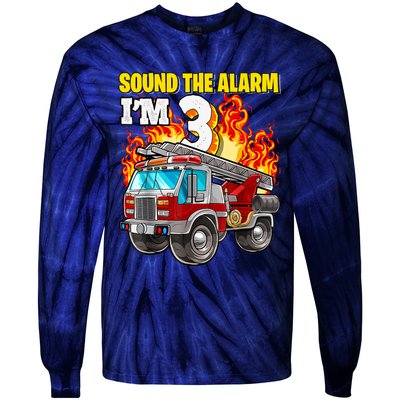 Sound The Alarm Im 3 3rd Birthday Fireman Firetruck Boy Tie-Dye Long Sleeve Shirt