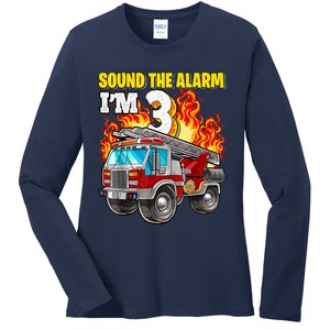 Sound The Alarm Im 3 3rd Birthday Fireman Firetruck Boy Ladies Long Sleeve Shirt