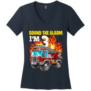 Sound The Alarm Im 3 3rd Birthday Fireman Firetruck Boy Women's V-Neck T-Shirt