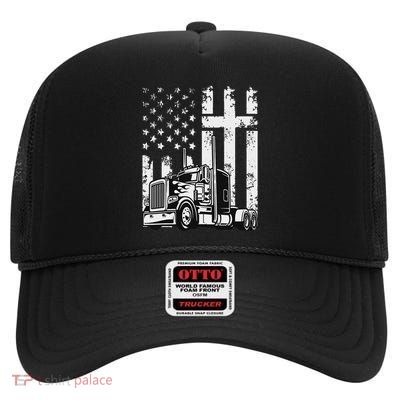 Semi Truck American Flag Christian Truck Driver Patriotic High Crown Mesh Back Trucker Hat