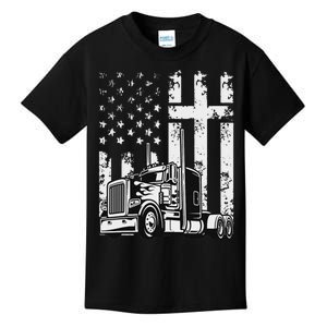 Semi Truck American Flag Christian Truck Driver Patriotic Kids T-Shirt