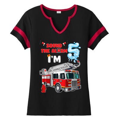 Sound the Alarm I'm 5! Fire Truck Firefighter Birthday Ladies Halftime Notch Neck Tee