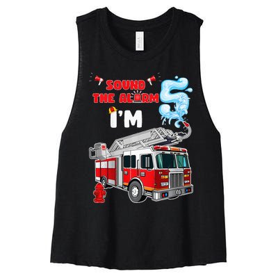 Sound the Alarm I'm 5! Fire Truck Firefighter Birthday Women's Racerback Cropped Tank