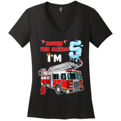 Sound the Alarm I'm 5! Fire Truck Firefighter Birthday Women's V-Neck T-Shirt