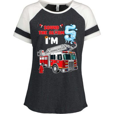 Sound the Alarm I'm 5! Fire Truck Firefighter Birthday Enza Ladies Jersey Colorblock Tee