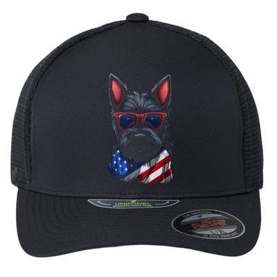 Scottish Terrier American Flag US Tee 4th July Gifts Graphic Flexfit Unipanel Trucker Cap