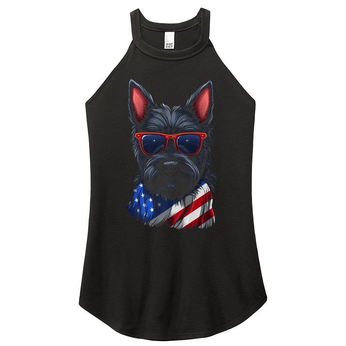 Scottish Terrier American Flag US Tee 4th July Gifts Graphic Women's Perfect Tri Rocker Tank