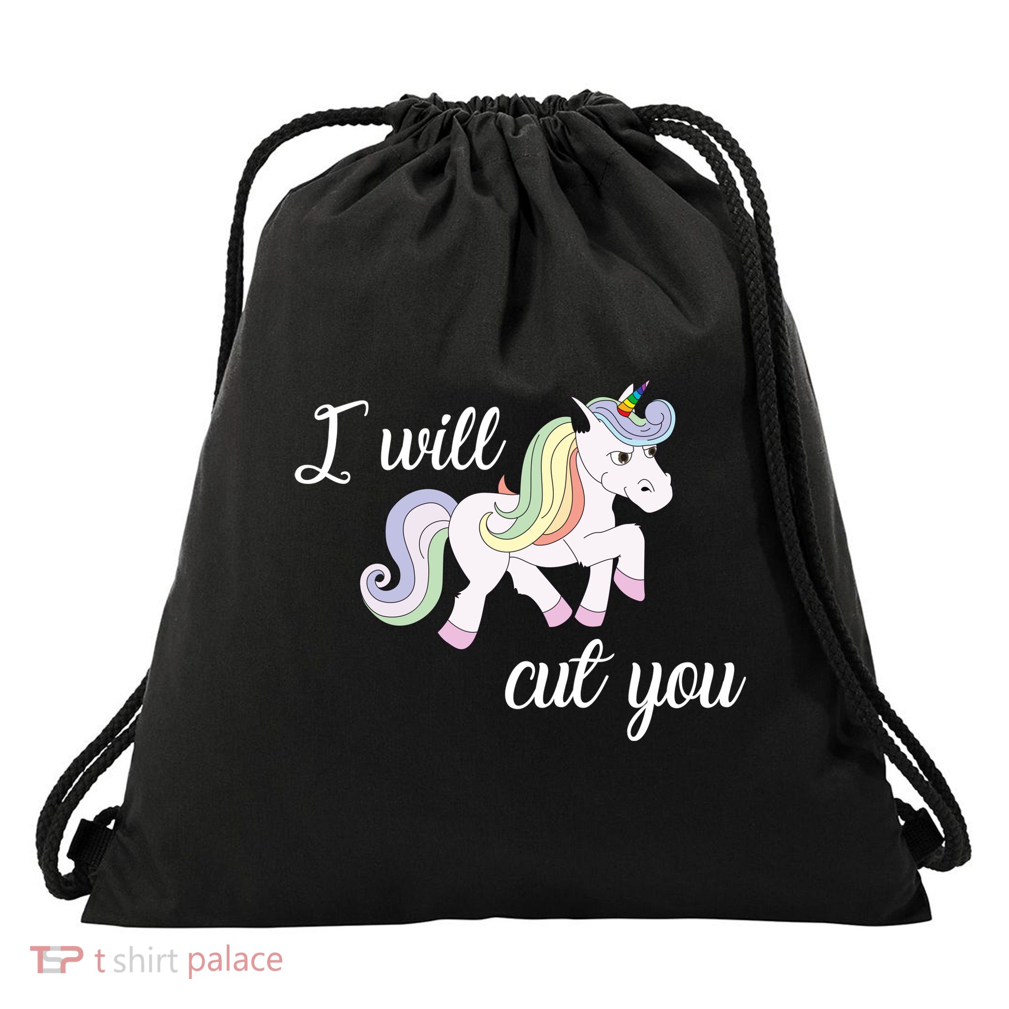 Stabby Unicorn I Will Cute You Drawstring Bag
