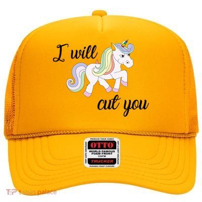 Stabby Unicorn I Will Cute You High Crown Mesh Back Trucker Hat