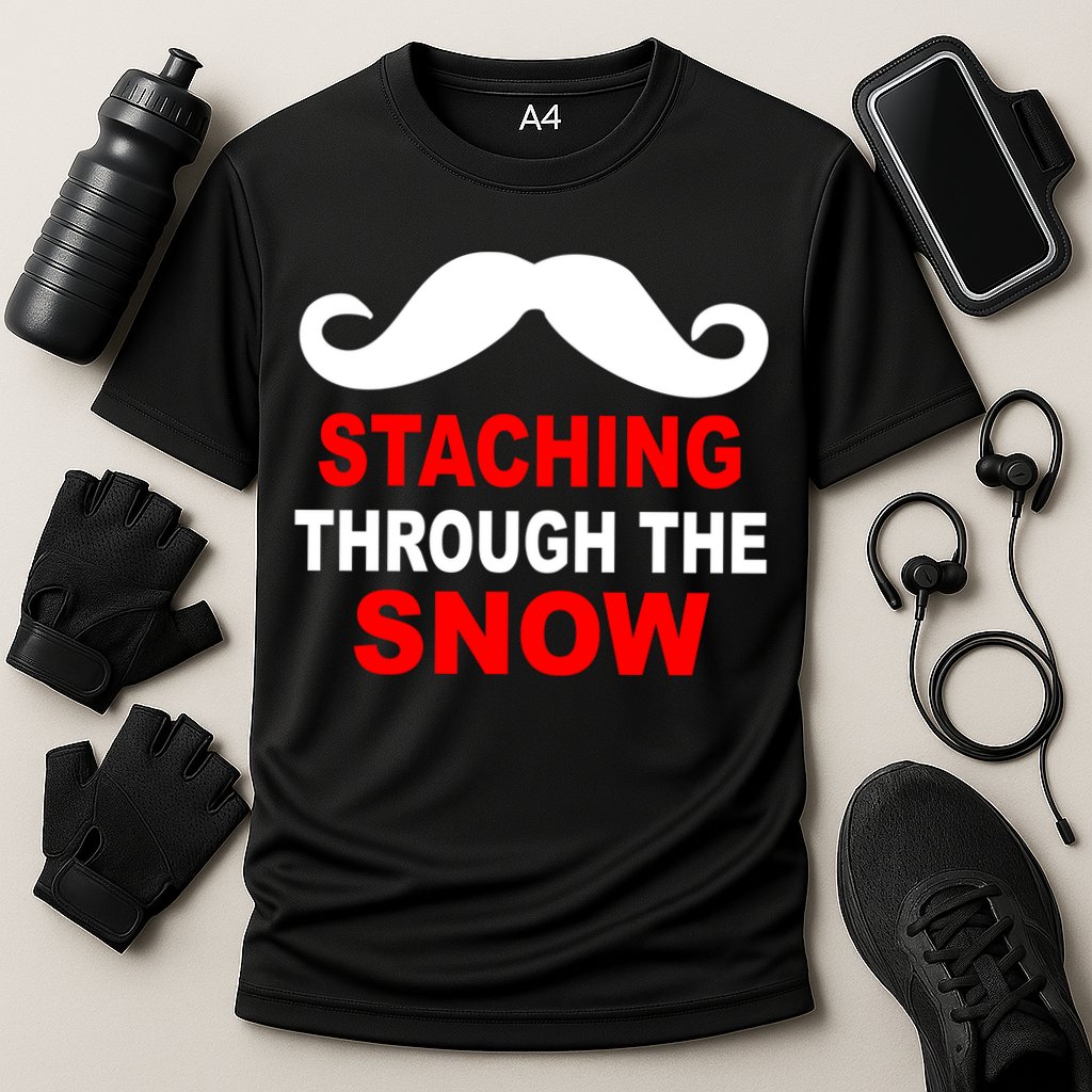 Staching Through The Snow Moustache Funny Christmas Cooling Performance Crew T-Shirt