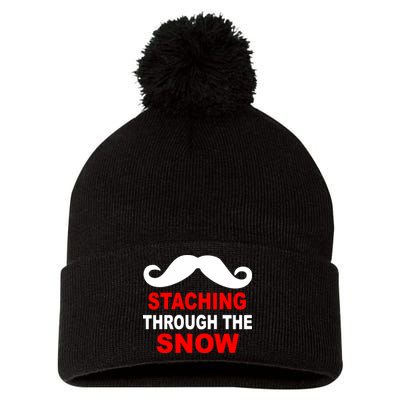 Staching Through The Snow Moustache Funny Christmas Pom Pom 12in Knit Beanie