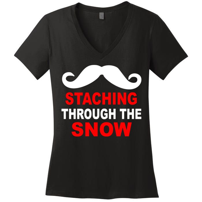 Staching Through The Snow Moustache Funny Christmas Women's V-Neck T-Shirt