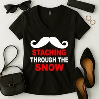 Staching Through The Snow Moustache Funny Christmas Women's V-Neck T-Shirt