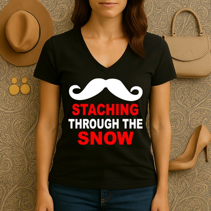 Staching Through The Snow Moustache Funny Christmas Women's V-Neck T-Shirt