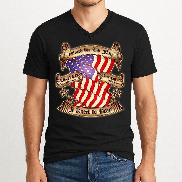 Stand For The Flag I Kneel To Pray United We Stand Divided We Fail V-Neck T-Shirt
