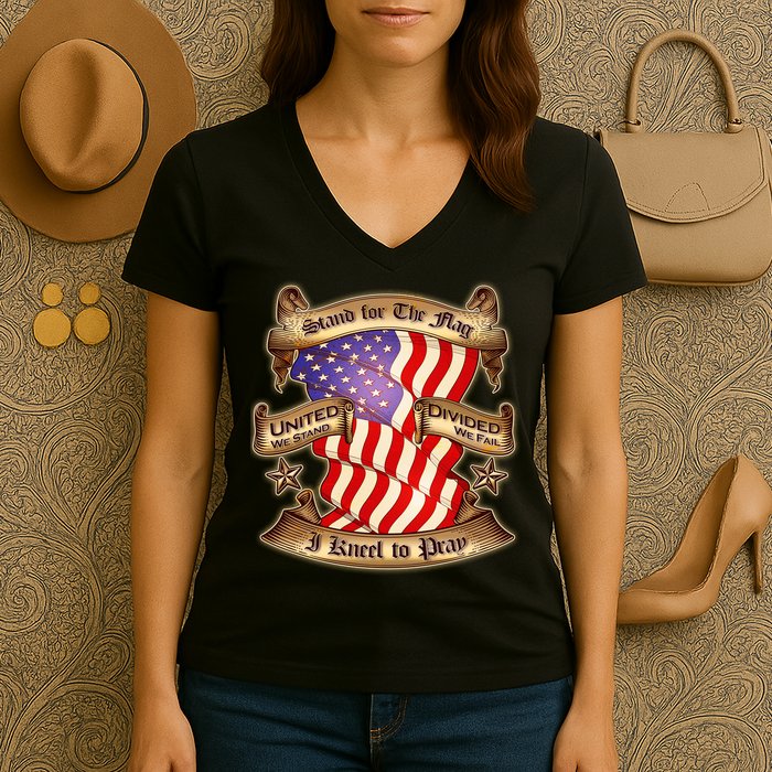 Stand For The Flag I Kneel To Pray United We Stand Divided We Fail Women's V-Neck T-Shirt