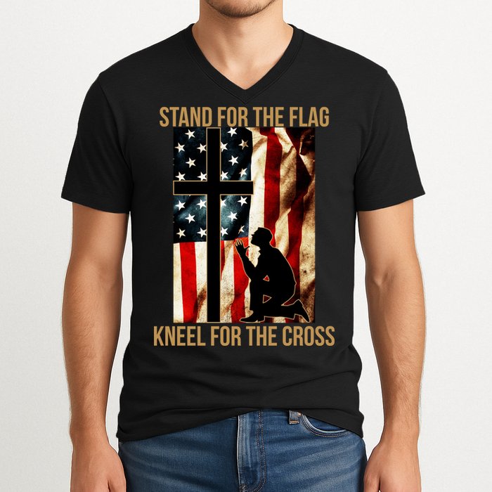 Stand For the Flag Kneel for the Cross V-Neck T-Shirt