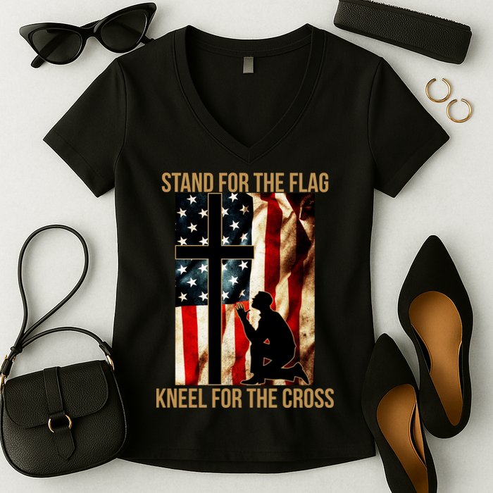 Stand For the Flag Kneel for the Cross Women's V-Neck T-Shirt