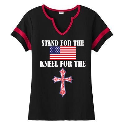 Stand For the Flag Kneel For the Cross National Anthem Ladies Halftime Notch Neck Tee