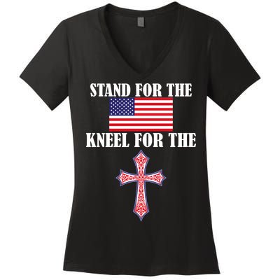 Stand For the Flag Kneel For the Cross National Anthem Women's V-Neck T-Shirt