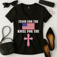 Stand For the Flag Kneel For the Cross National Anthem Women's V-Neck T-Shirt