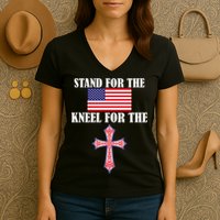 Stand For the Flag Kneel For the Cross National Anthem Women's V-Neck T-Shirt