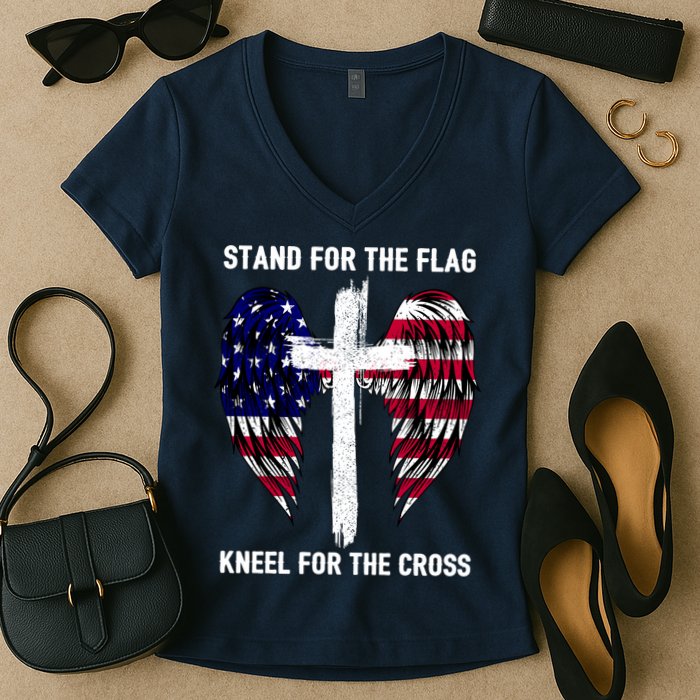 Stand For The Flag Kneel For The Cross USA Eagle Women's V-Neck T-Shirt