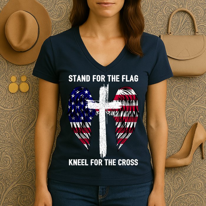 Stand For The Flag Kneel For The Cross USA Eagle Women's V-Neck T-Shirt