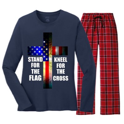 Stand For the Flag Kneel for the Cross USA FLAG Women's Long Sleeve Flannel Pajama Set 