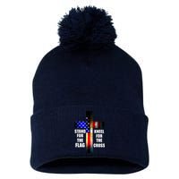 Stand For the Flag Kneel for the Cross USA FLAG Pom Pom 12in Knit Beanie