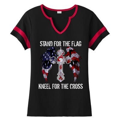 Stand For The Flag Kneel For The Cross USA National Anthem Ladies Halftime Notch Neck Tee