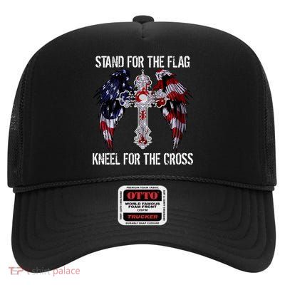 Stand For The Flag Kneel For The Cross USA National Anthem High Crown Mesh Back Trucker Hat