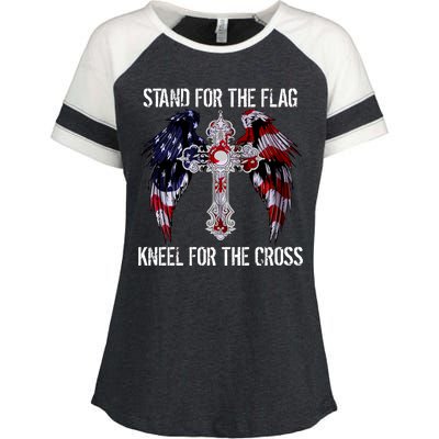 Stand For The Flag Kneel For The Cross USA National Anthem Enza Ladies Jersey Colorblock Tee