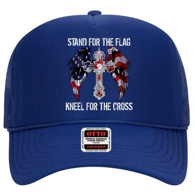 Stand For The Flag Kneel For The Cross USA National Anthem High Crown Mesh Back Trucker Hat