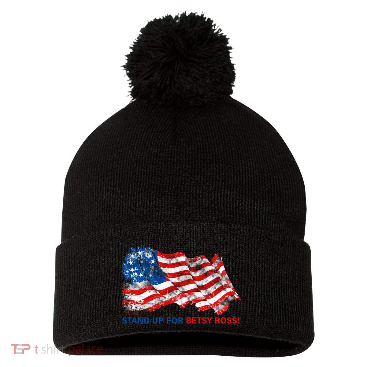 Stand Up For Betsy Ross Distressed Flag Pom Pom 12in Knit Beanie