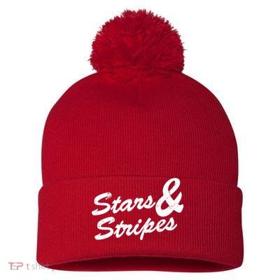 Stars And Stripes Pom Pom 12in Knit Beanie