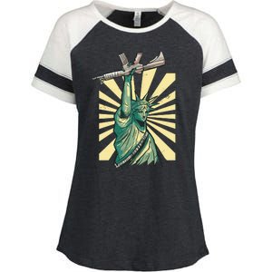 Statue Of Liberty Holding Gun Enza Ladies Jersey Colorblock Tee