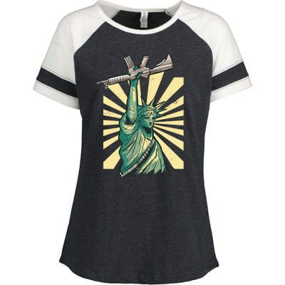 Statue Of Liberty Holding Gun Enza Ladies Jersey Colorblock Tee