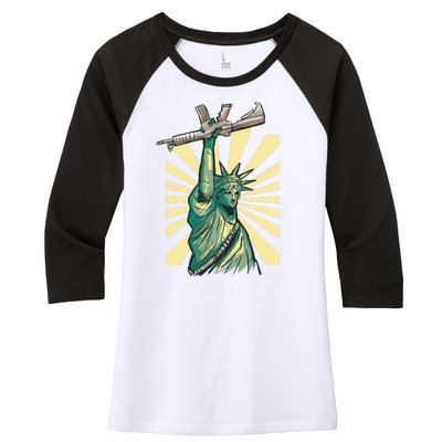 Statue Of Liberty Holding Gun Women's Tri-Blend 3/4-Sleeve Raglan Shirt