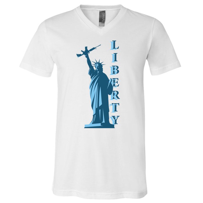 Stature Of Liberty Holding AR-15 Assault Rifle V-Neck T-Shirt