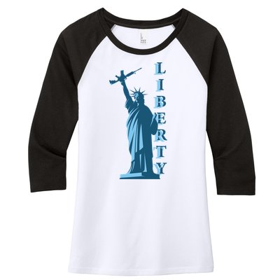 Stature Of Liberty Holding AR-15 Assault Rifle Women's Tri-Blend 3/4-Sleeve Raglan Shirt