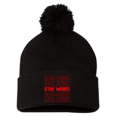 Stay Weird Text Pattern Pom Pom 12in Knit Beanie