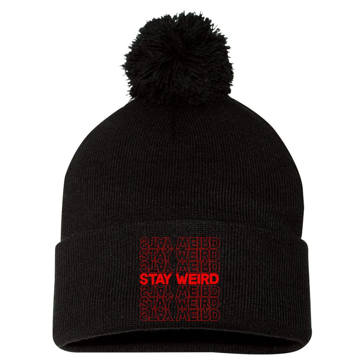 Stay Weird Text Pattern Pom Pom 12in Knit Beanie